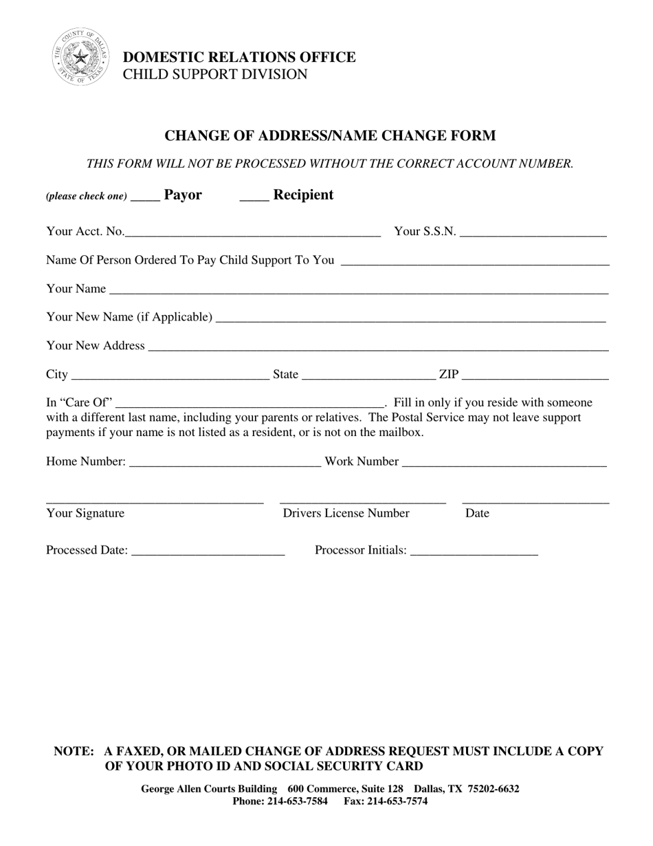 Change of Address / Name Change Form - Dallas County, Texas, Page 1
