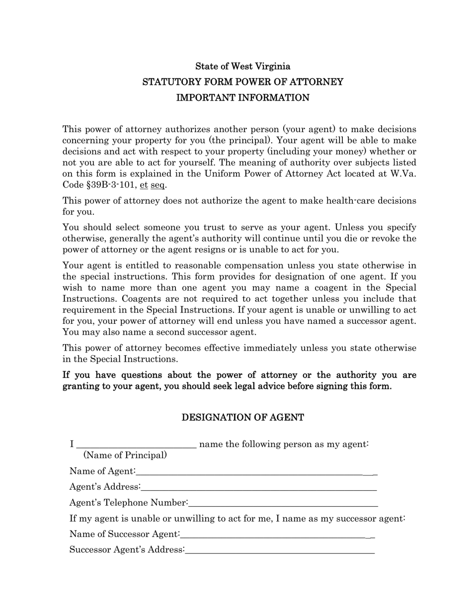 West Virginia Statutory Power of Attorney Form Fill Out, Sign Online and Download PDF