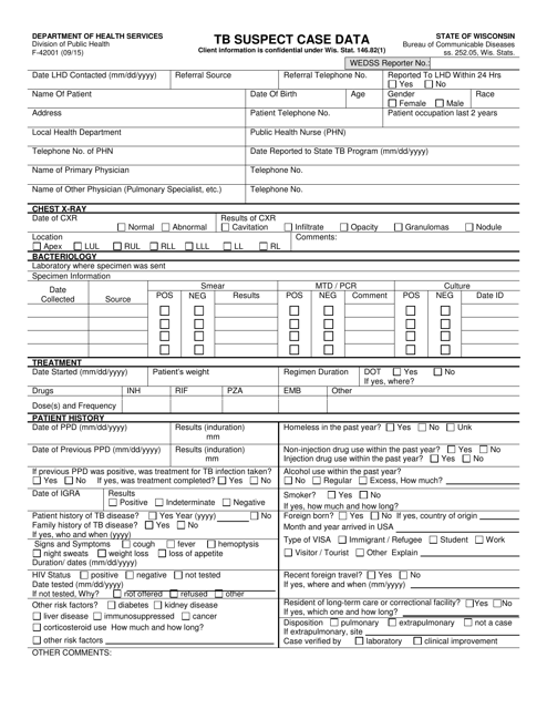Form F-42001 Tuberculosis Suspect Case Data - Wisconsin