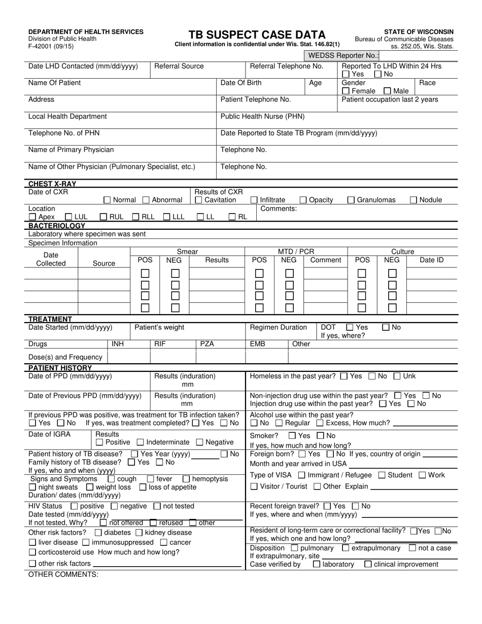 Form F-42001 Tuberculosis Suspect Case Data - Wisconsin, Page 1