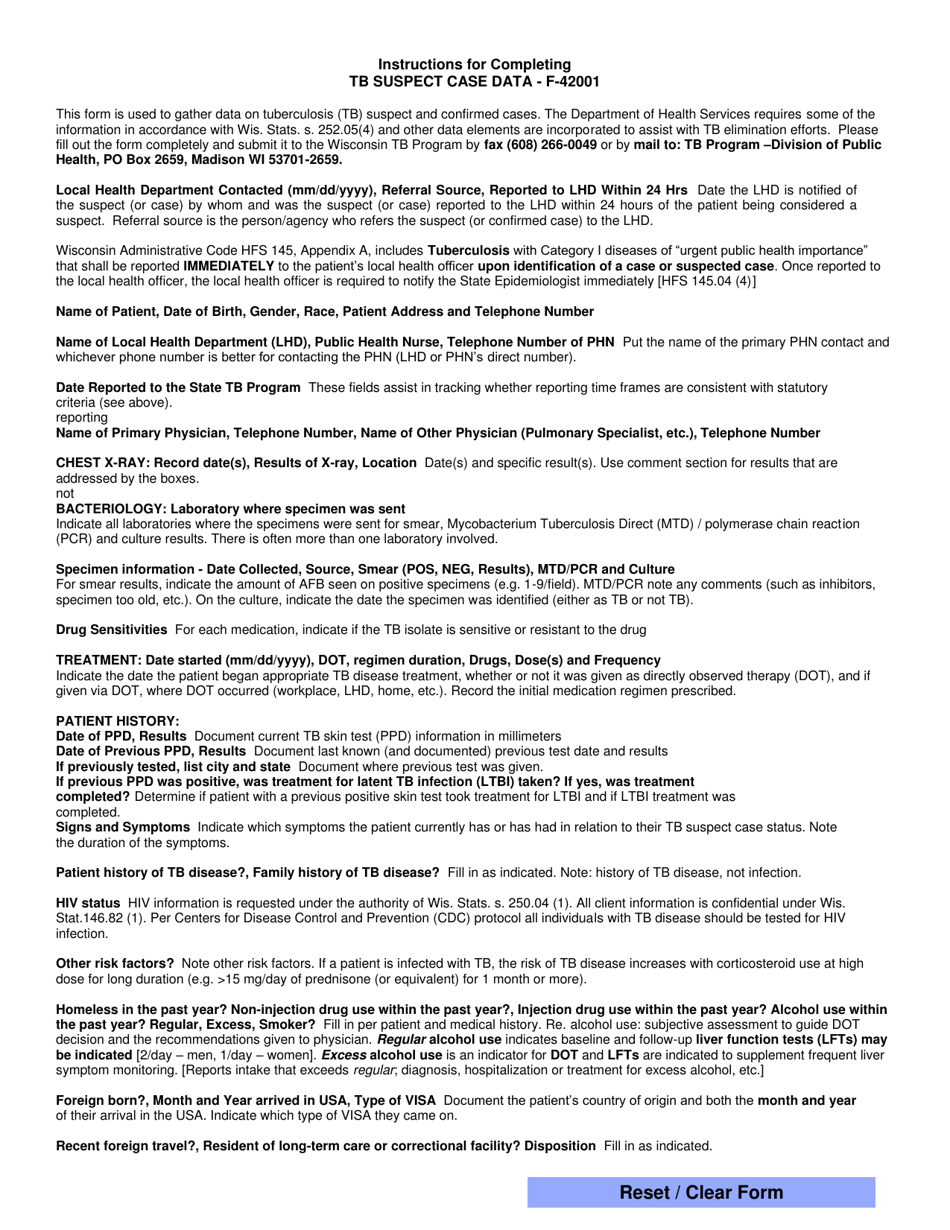Form F-42001 Tuberculosis Suspect Case Data - Wisconsin, Page 2