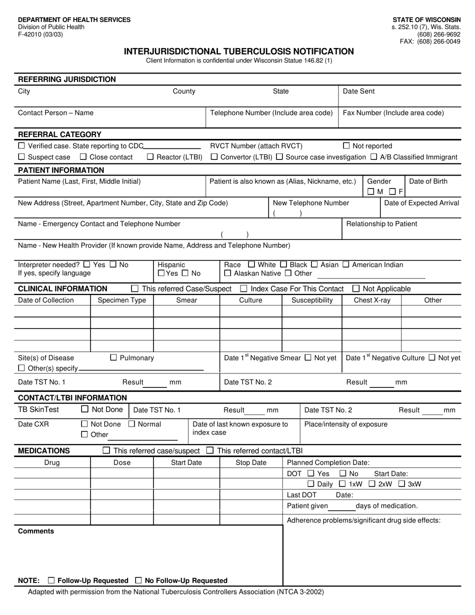 Form F-42010 Interjurisdictional Tuberculosis Notification - Wisconsin, Page 1
