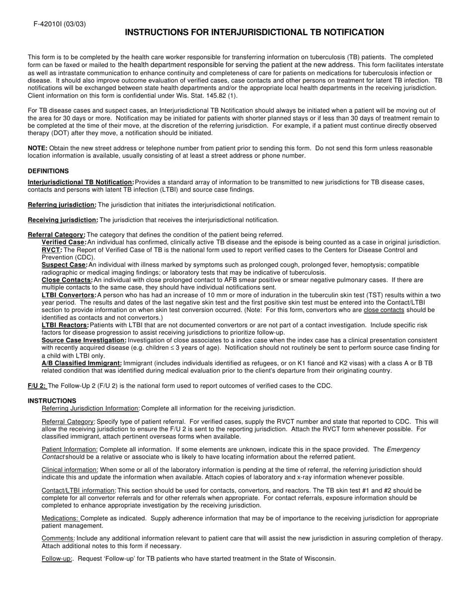 Form F-42010 Interjurisdictional Tuberculosis Notification - Wisconsin, Page 2