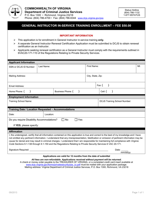 General Instructor In-Service Training Enrollment - Virginia Download Pdf