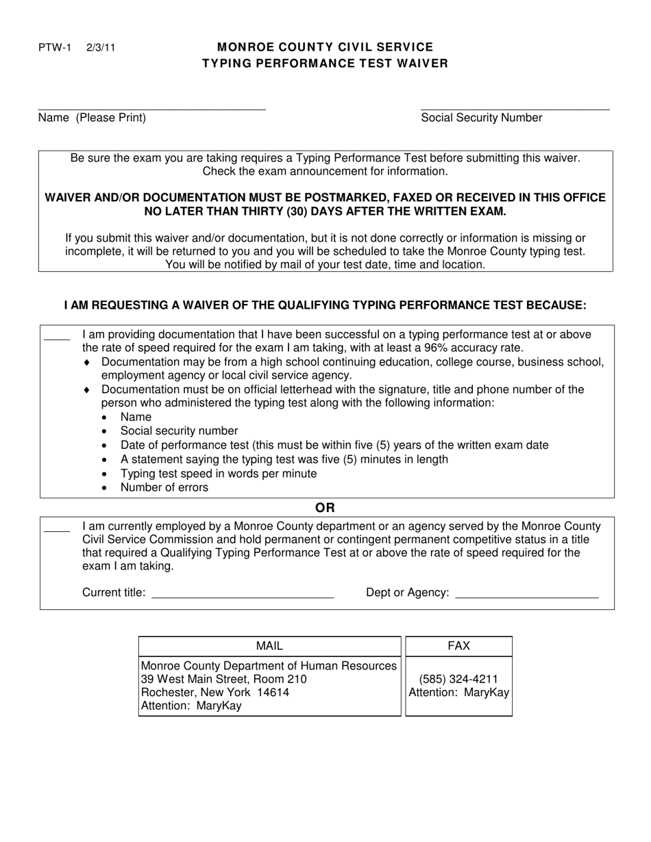 Form PTW-1 Typing Performance Test Waiver - Monroe County, New York, Page 1