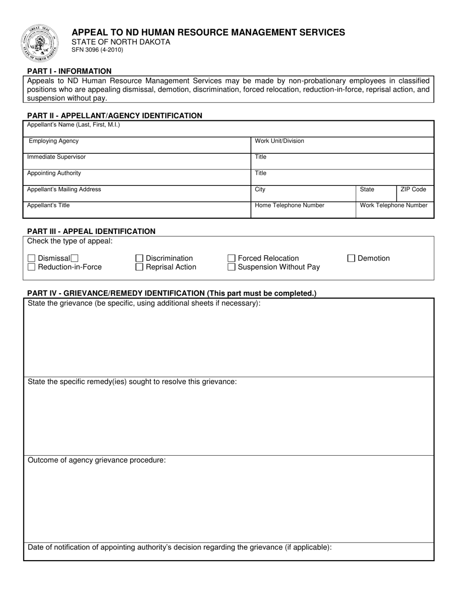 Form SFN3096 Appeal to Nd Human Resource Management Services - North Dakota, Page 1