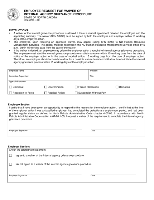 Form SFN53730 Employee Request for Waiver of Internal Agency Grievance Procedure - North Dakota