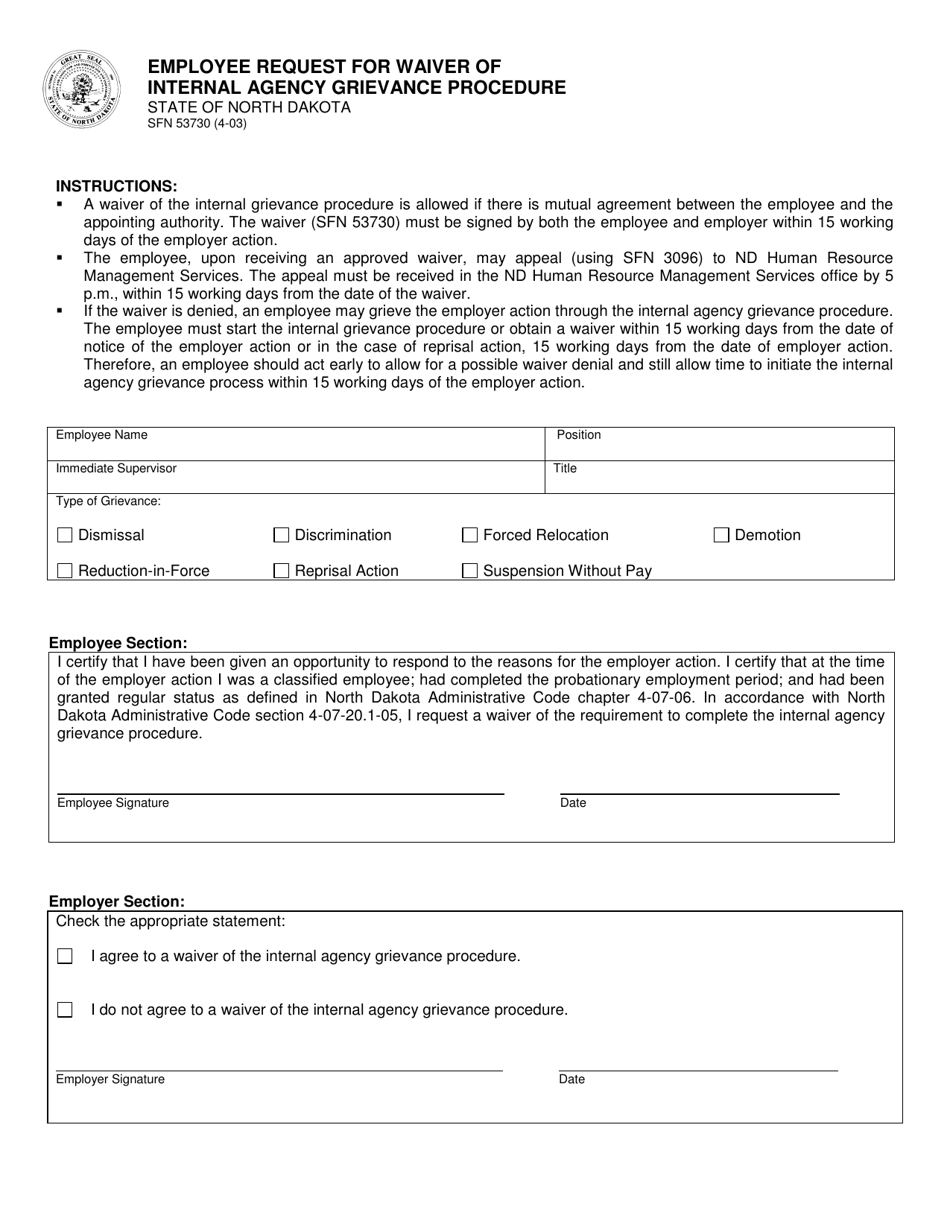 Form SFN53730 Employee Request for Waiver of Internal Agency Grievance Procedure - North Dakota, Page 1
