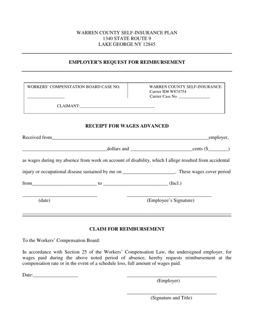 Employer's Request for Reimbursement - Warren County, New York Download Pdf
