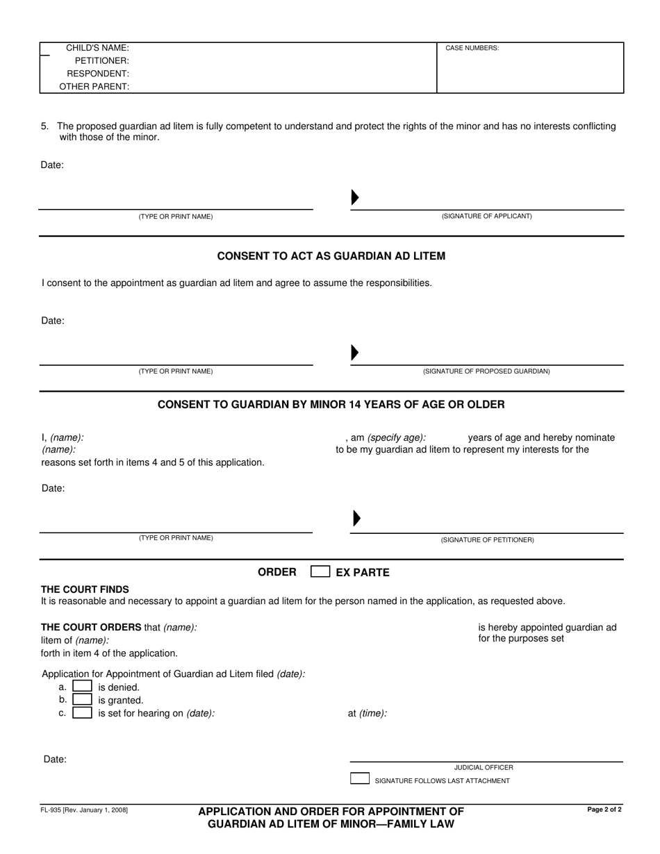 Form FL-935 Application and Order for Appointment of Guardian Ad Litem of Minor - Family Law - Fresno County, California, Page 7