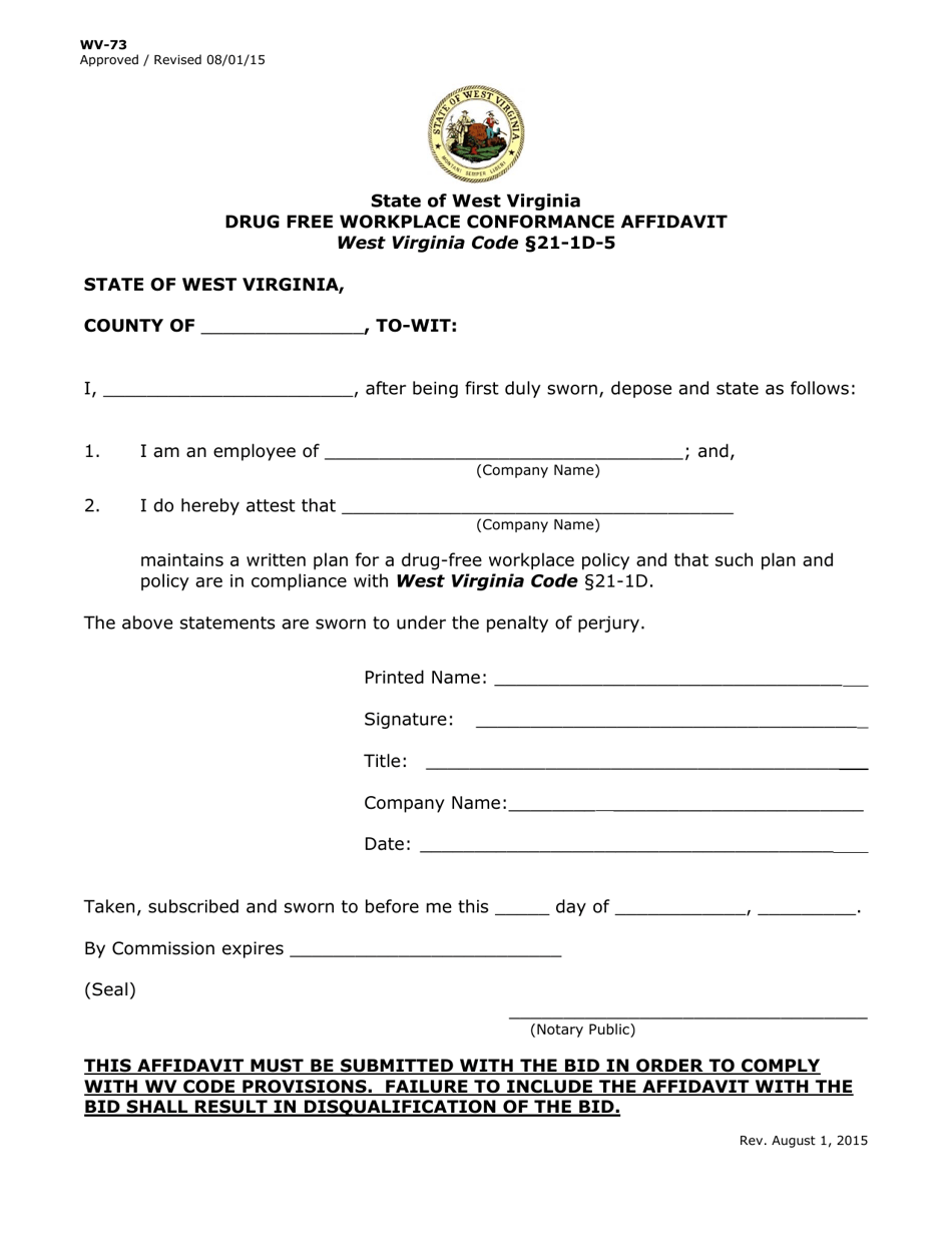 Form WV-73 Drug Free Workplace Conformance Affidavit - West Virginia, Page 1