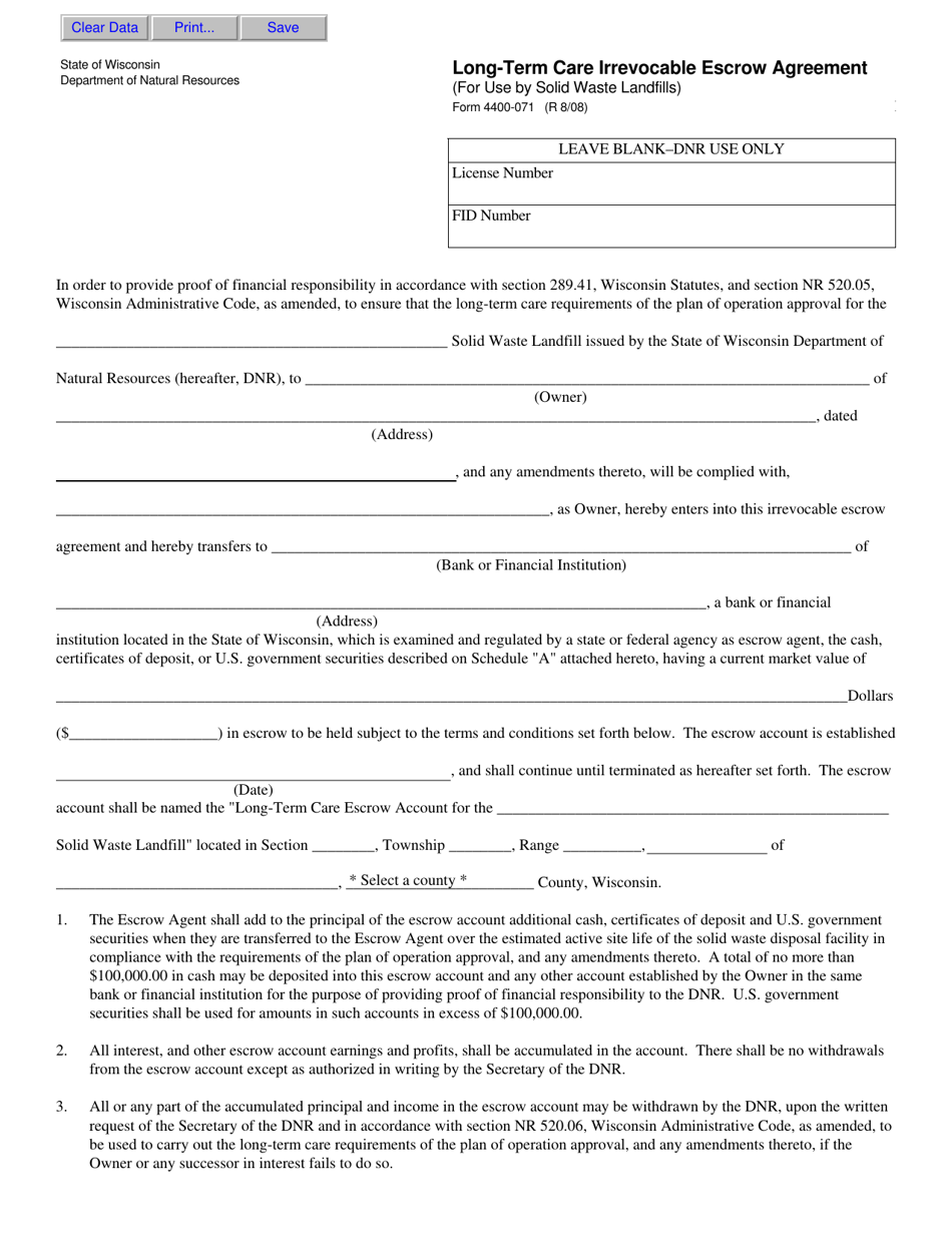 Form 4400-071 Long-Term Care Irrevocable Escrow Agreement (For Use by Solid Waste Landfills) - Wisconsin, Page 1