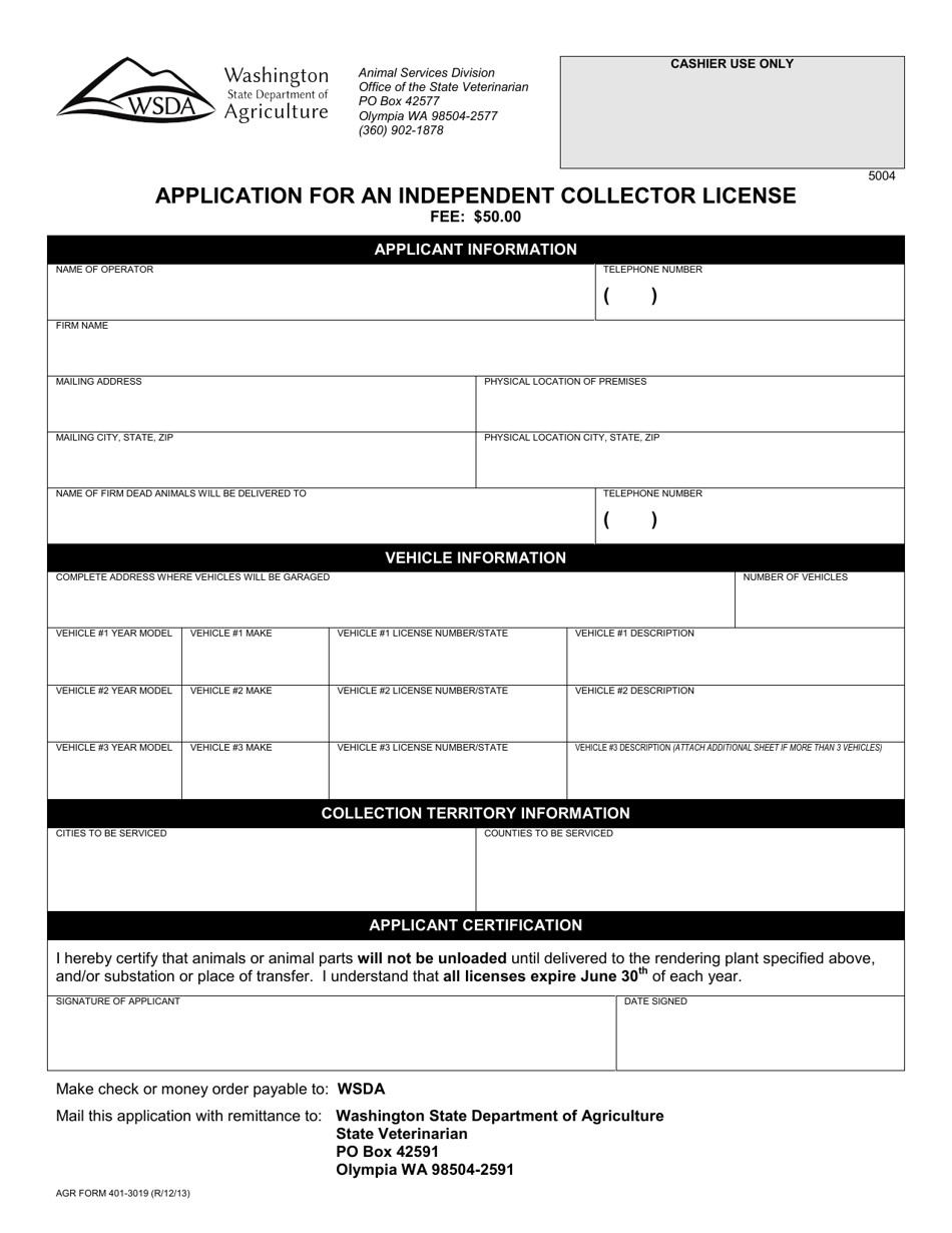 AGR Form 401-3019 Application for an Independent Collector License - Washington, Page 1