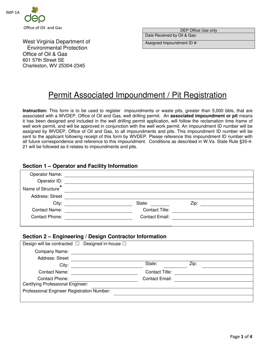 Form IMP-1A Permit Associated Impoundment / Pit Registration - West Virginia, Page 1