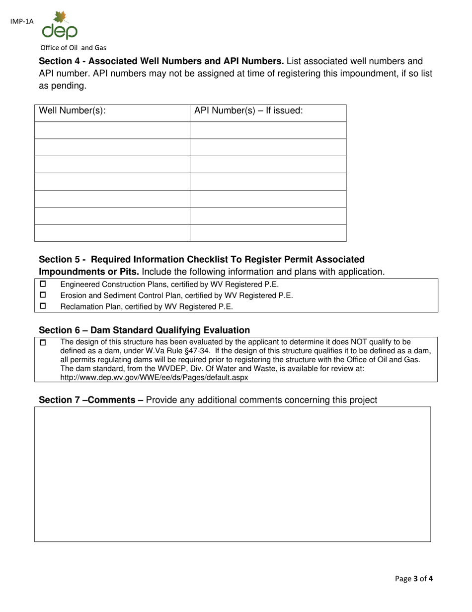 Form IMP-1A Permit Associated Impoundment / Pit Registration - West Virginia, Page 3