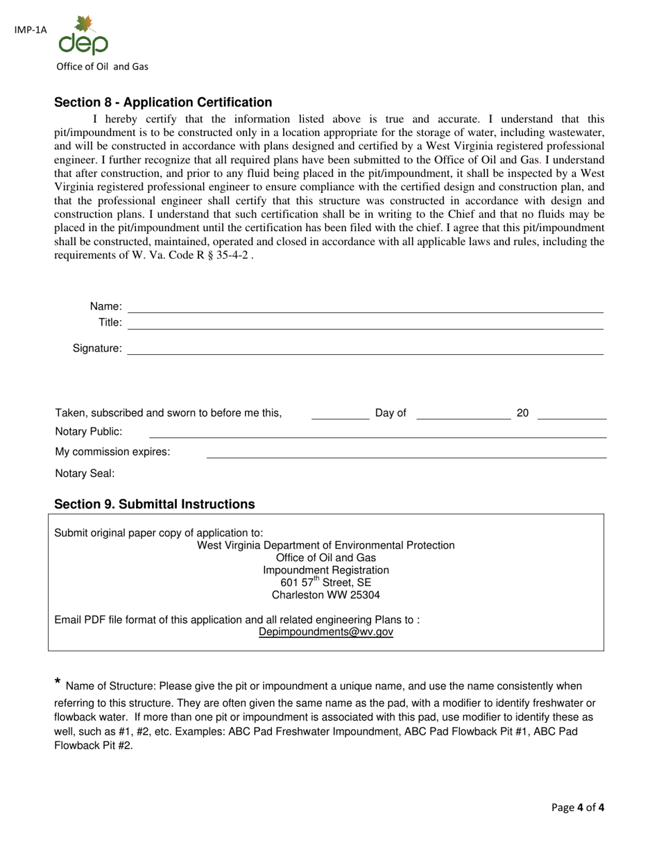 Form IMP-1A Permit Associated Impoundment / Pit Registration - West Virginia, Page 4