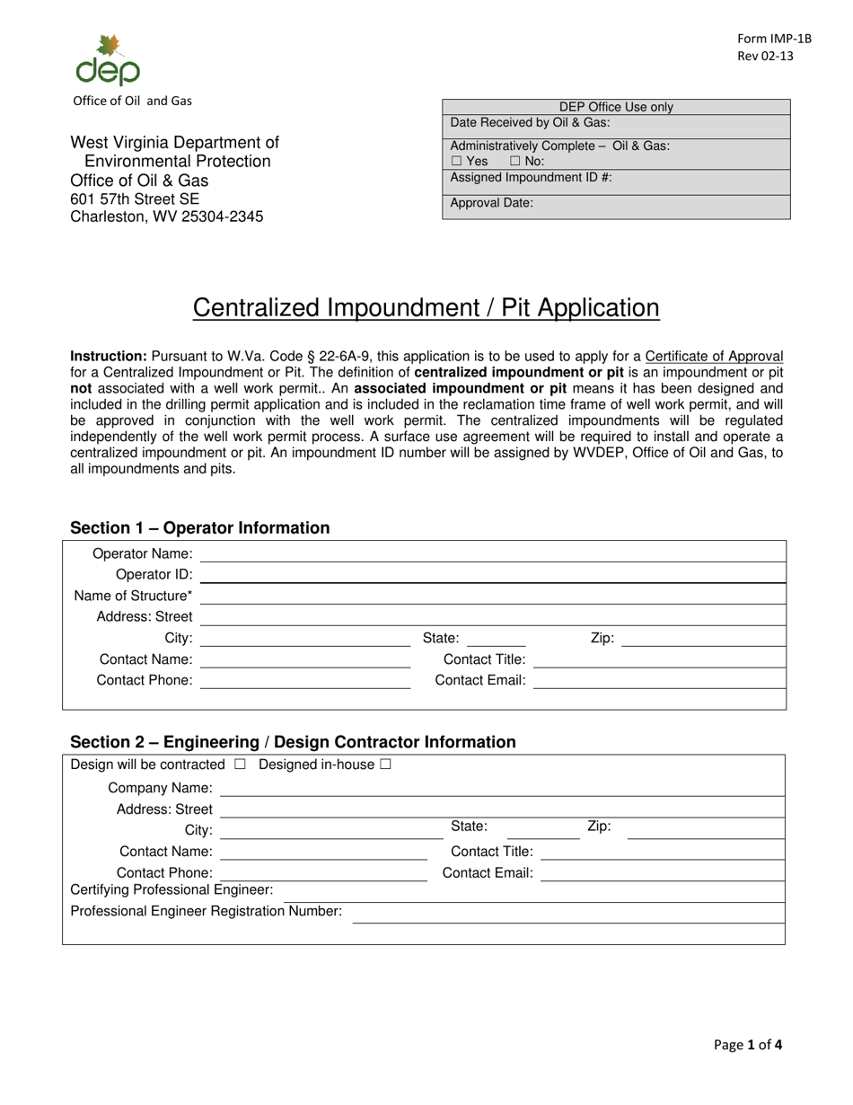 Form IMP-1B Centralized Impoundment / Pit Application - West Virginia, Page 1