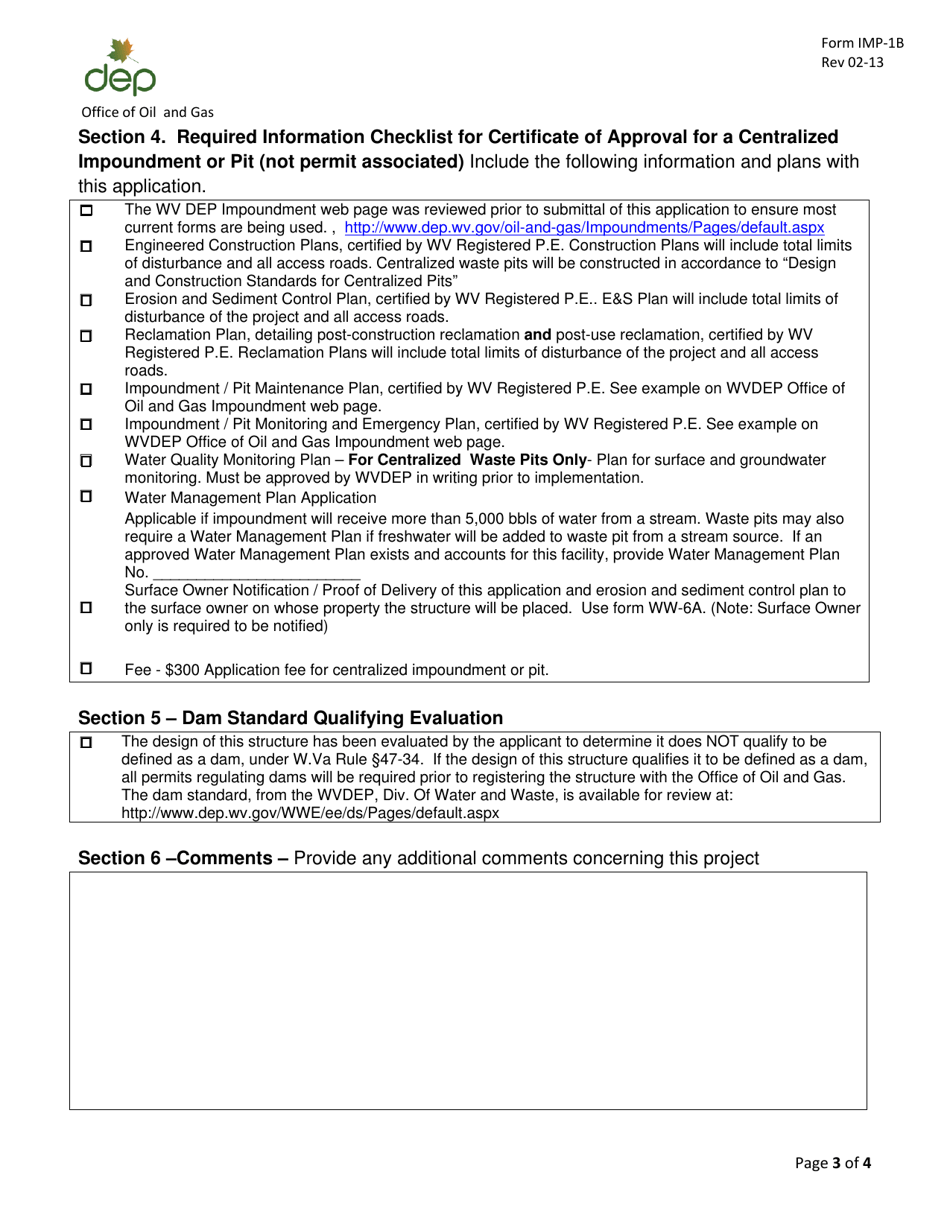 Form IMP-1B Centralized Impoundment / Pit Application - West Virginia, Page 3