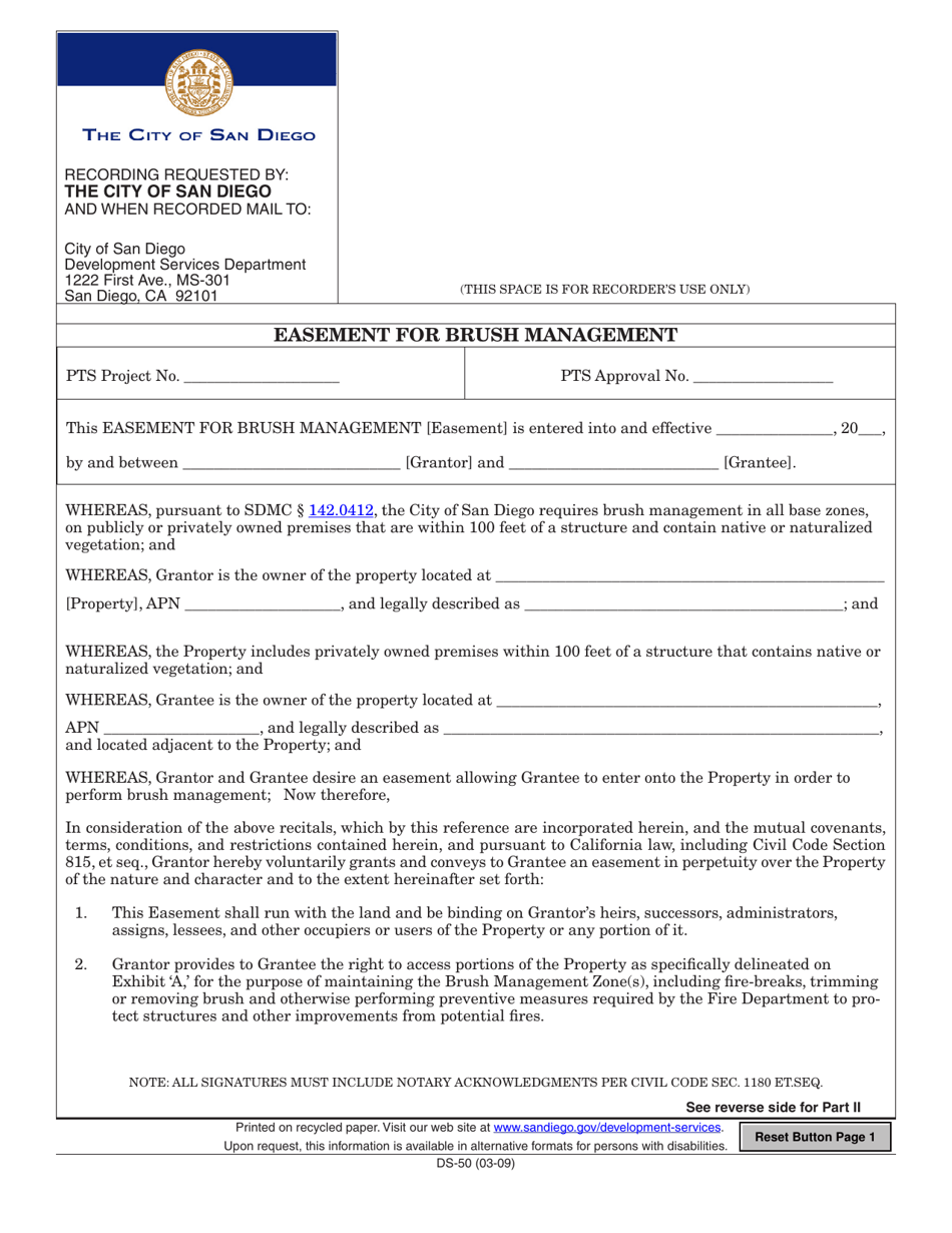 Form DS-50 Easement for Brush Management - City of San Diego, California, Page 1