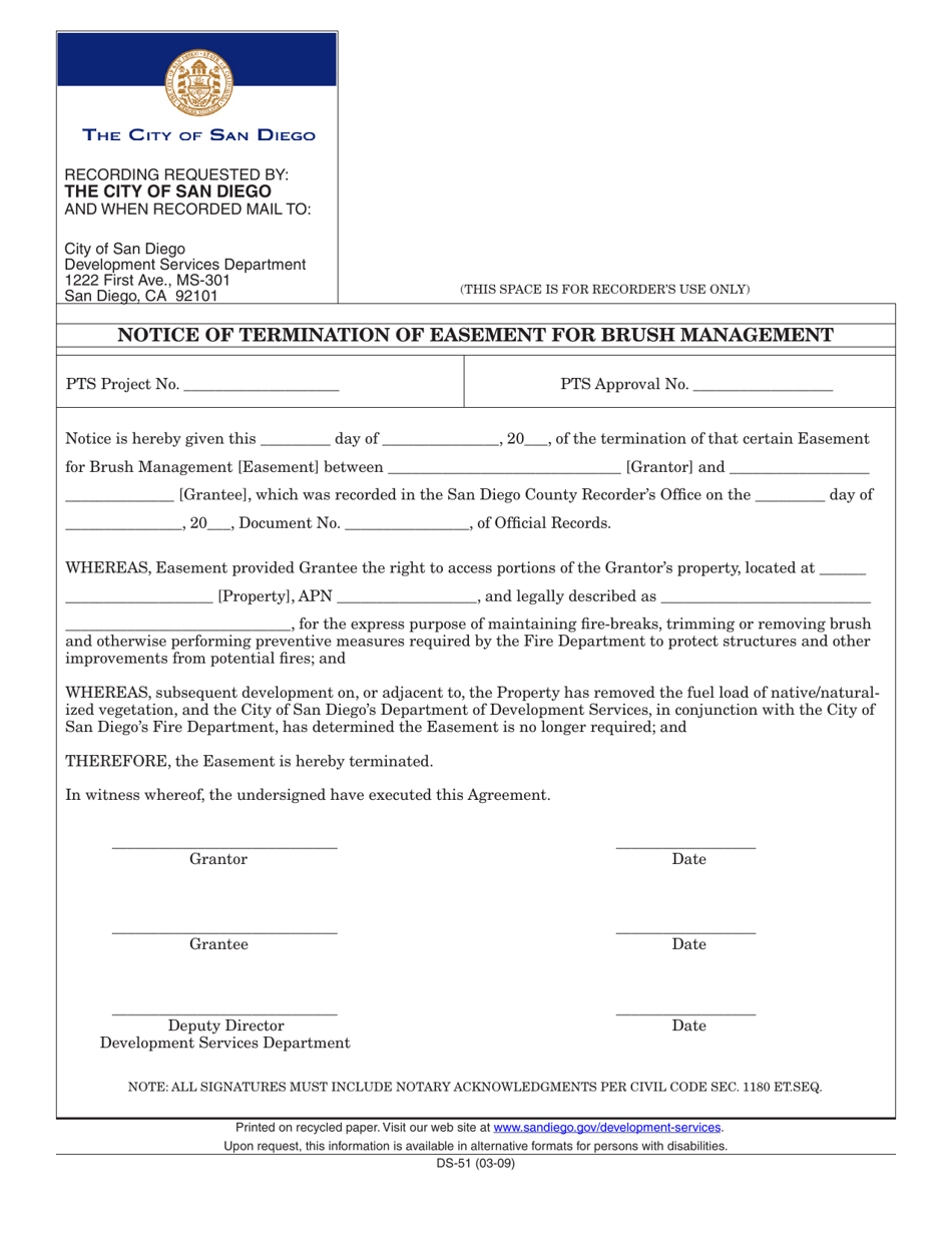 Form DS-51 Notice of Termination of Easement for Brush Management - City of San Diego, California, Page 1