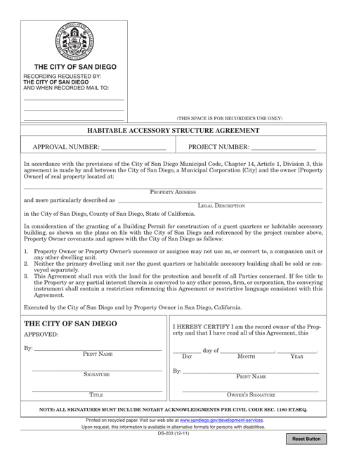 Form DS-203 Habitable Accessory Structure Agreement - City of San Diego, California