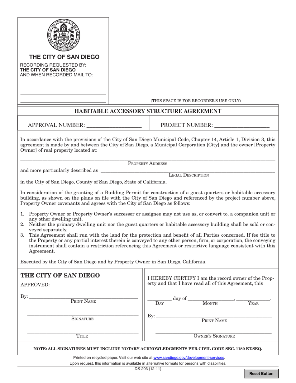 Form DS-203 Habitable Accessory Structure Agreement - City of San Diego, California, Page 1