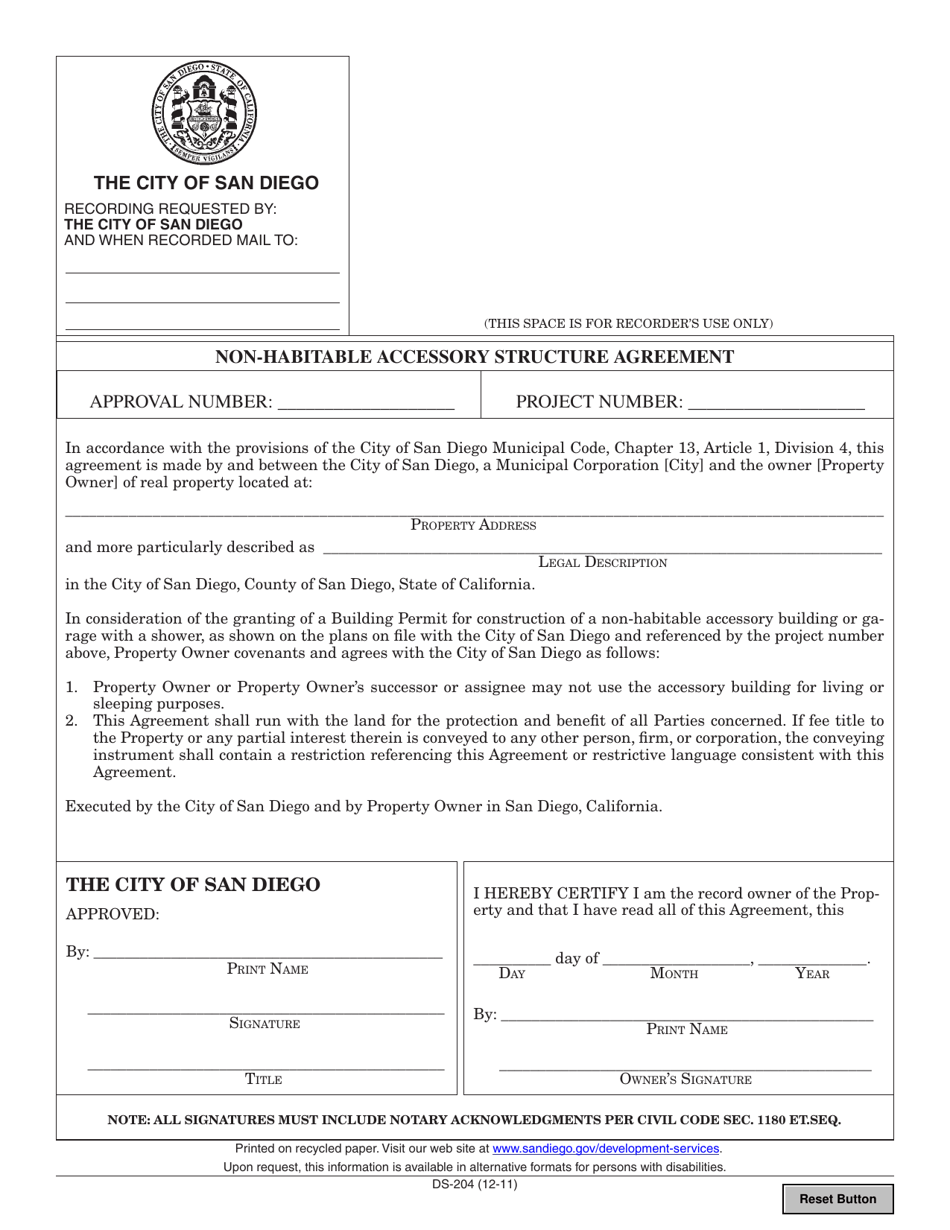 Form DS-204 Non-habitable Accessory Structure Agreement - City of San Diego, California, Page 1