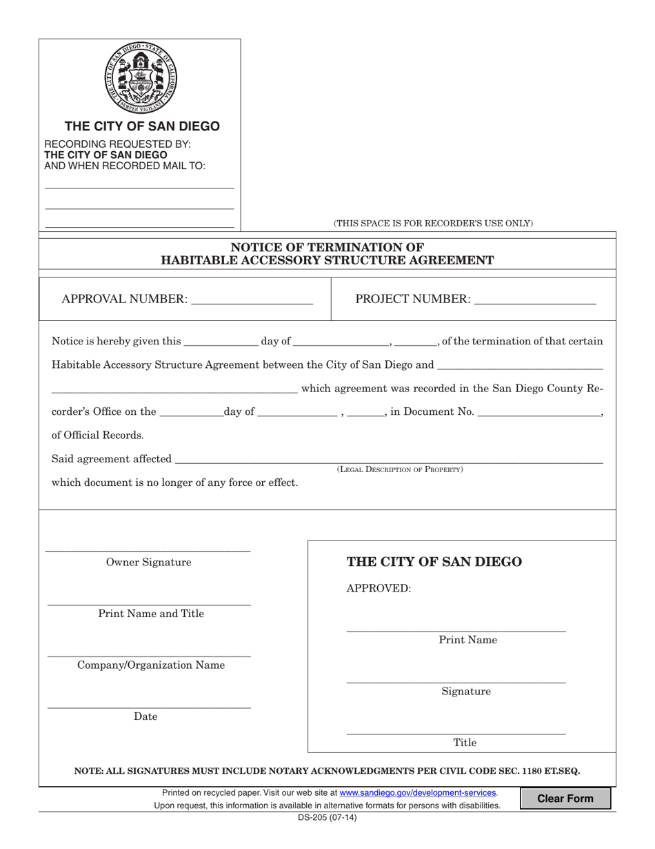 Form DS-205 Notice of Termination of Habitable Accessory Structure Agreement - City of San Diego, California, Page 1