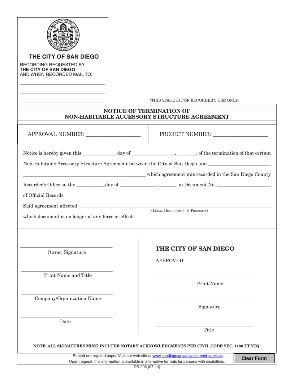 Form DS-206 Notice of Termination of Non-habitable Accessory Structure Agreement - City of San Diego, California, Page 1