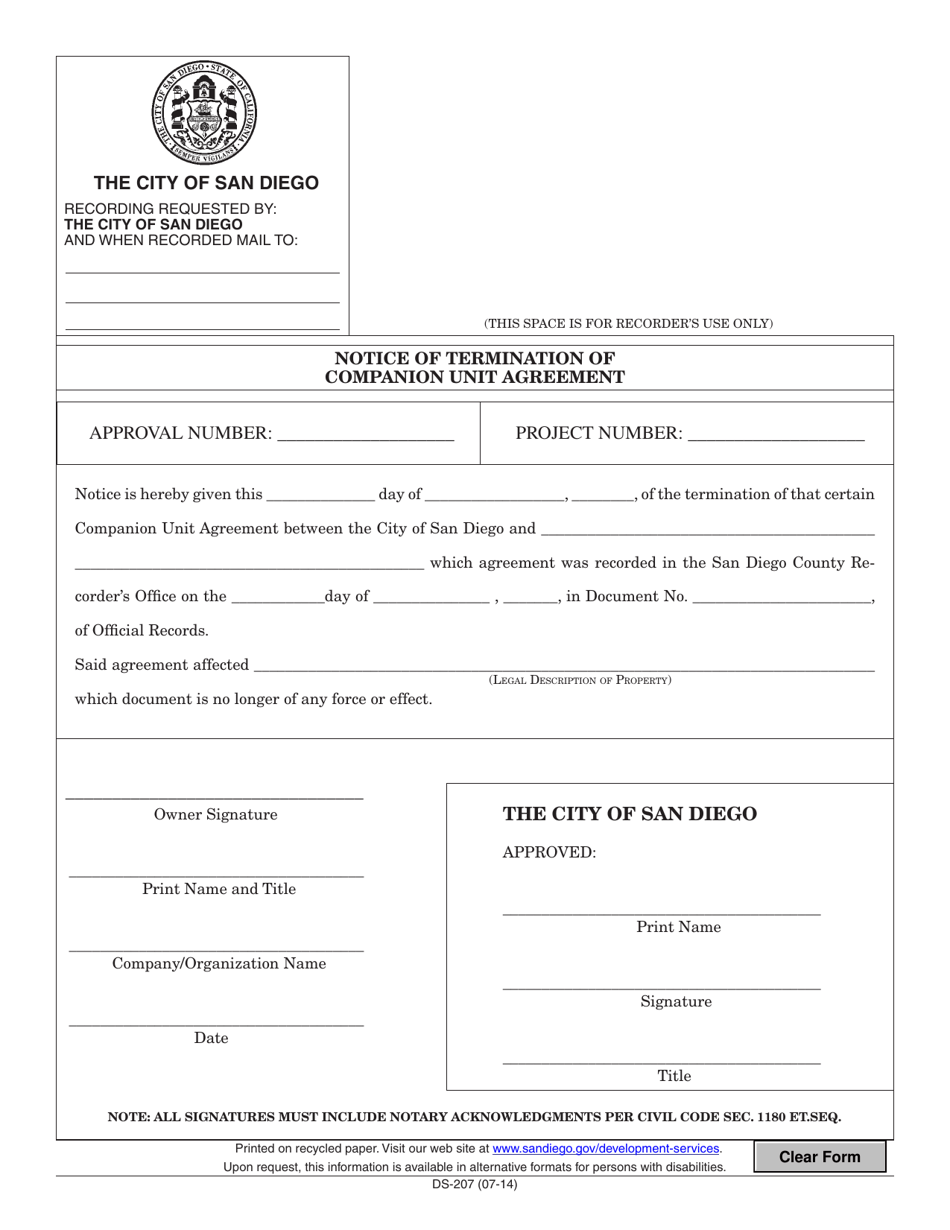 Form DS-207 Notice of Termination of Companion Unit Agreement - City of San Diego, California, Page 1