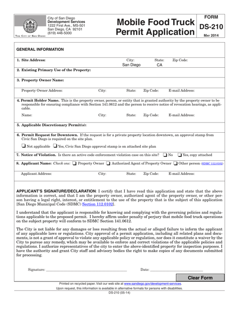 Form DS-210 Mobile Food Truck Permit Application - City of San Diego, California