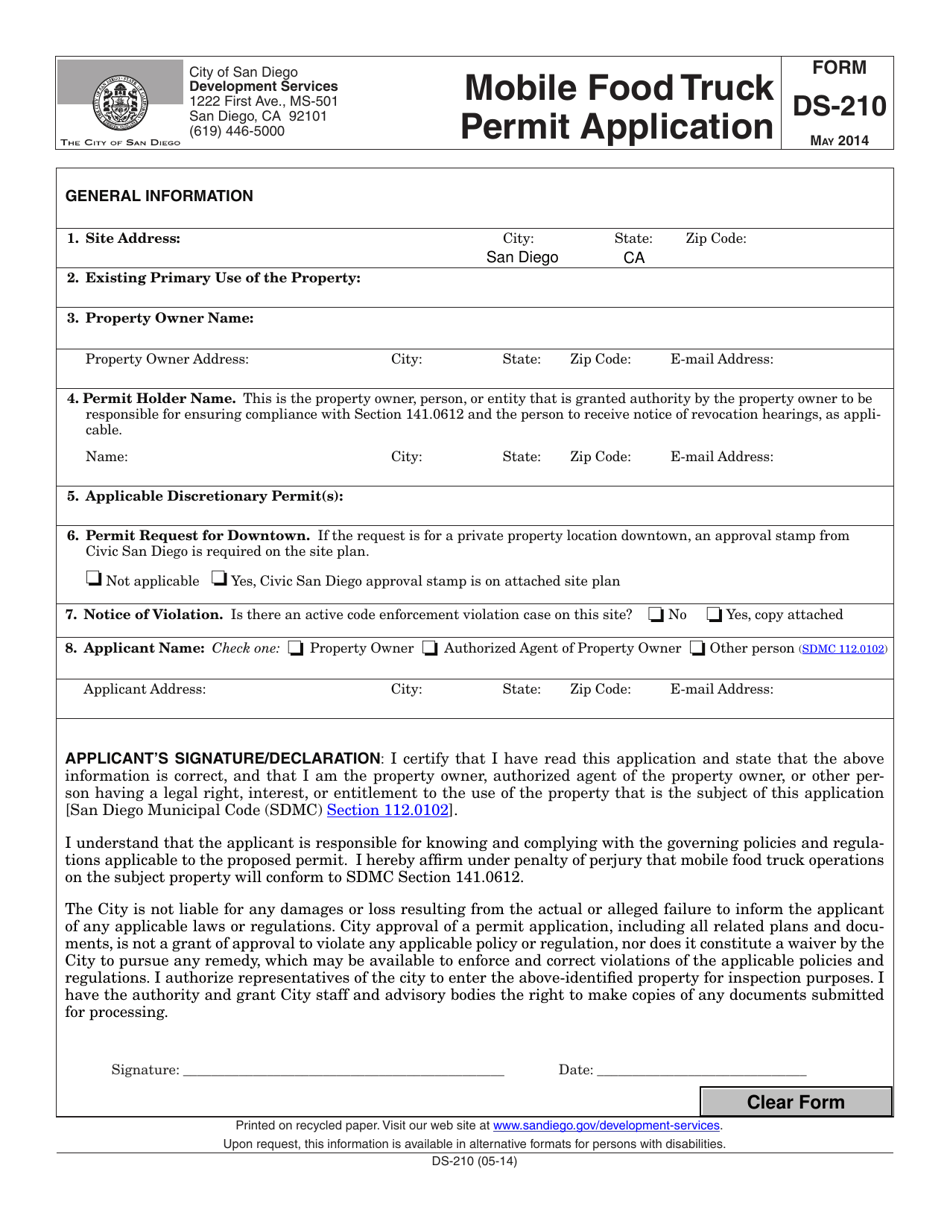 Form DS-210 Mobile Food Truck Permit Application - City of San Diego, California, Page 1