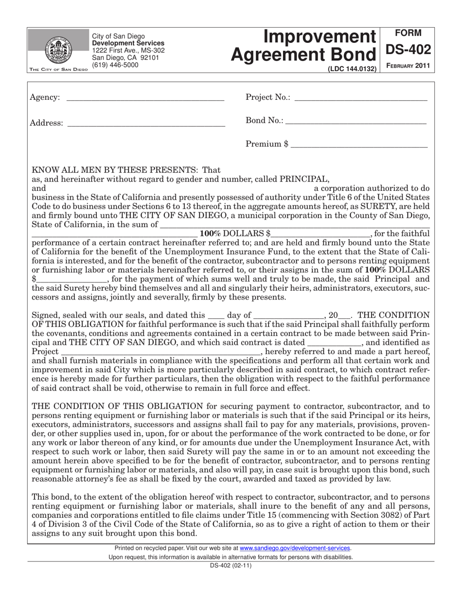 Form DS-402 Improvement Agreement Bond - City of San Diego, California, Page 1