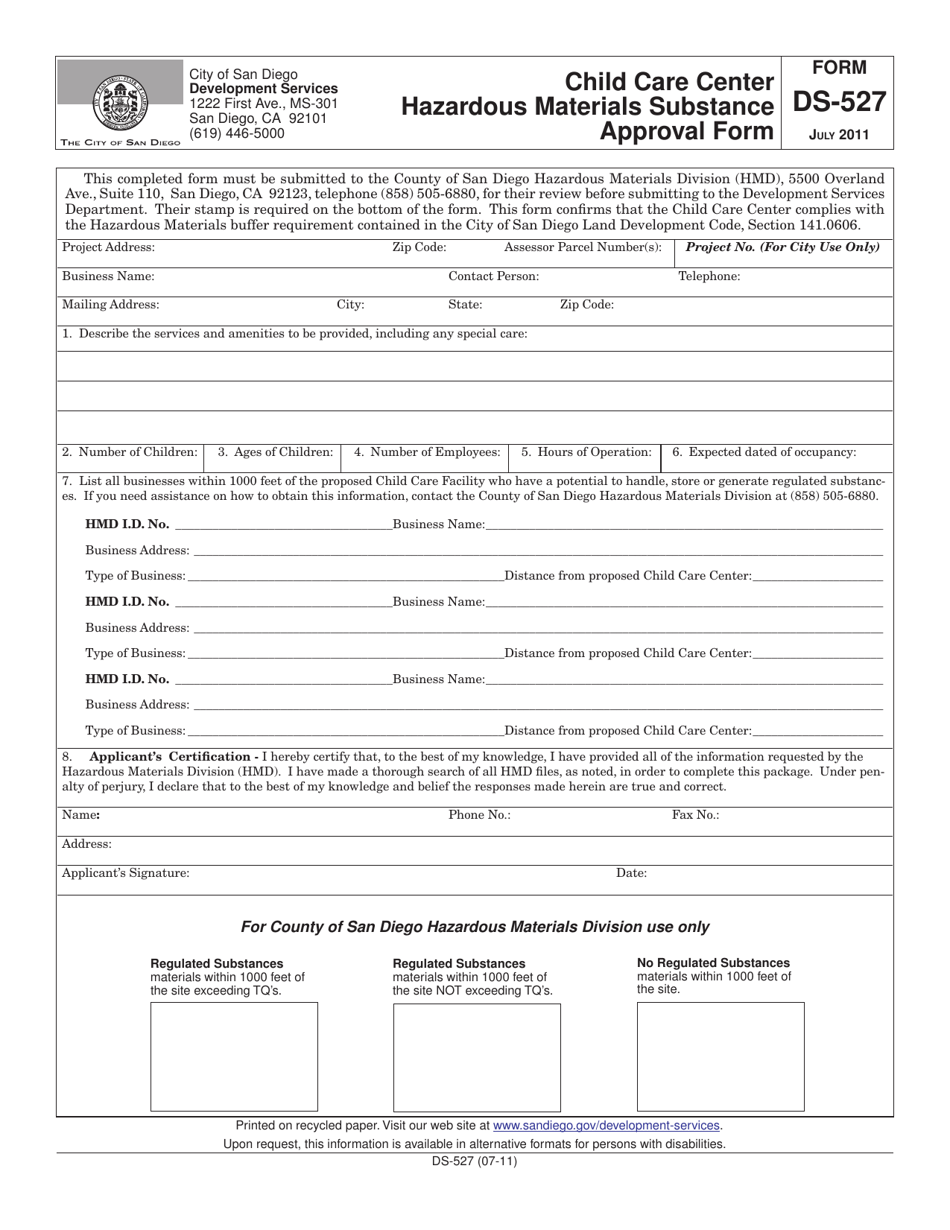 Form DS-527 Child Care Center Hazardous Materials Substance Approval Form - City of San Diego, California, Page 1