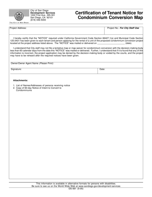 Form DS-561 Certification of Tenant Notice for Condominium Conversion Map - City of San Diego, California