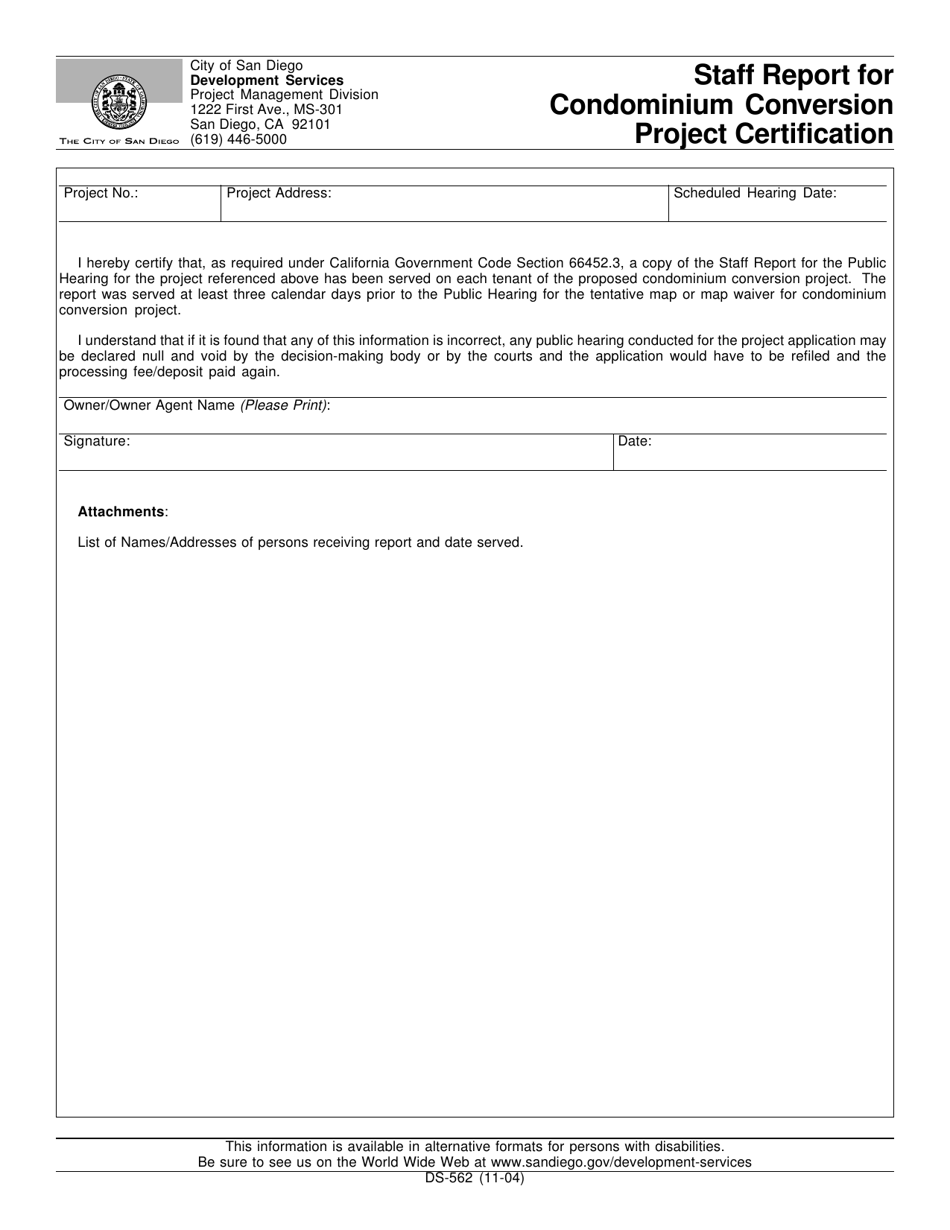 Form DS-562 Staff Report for Condominium Conversion Project Certification - City of San Diego, California, Page 1