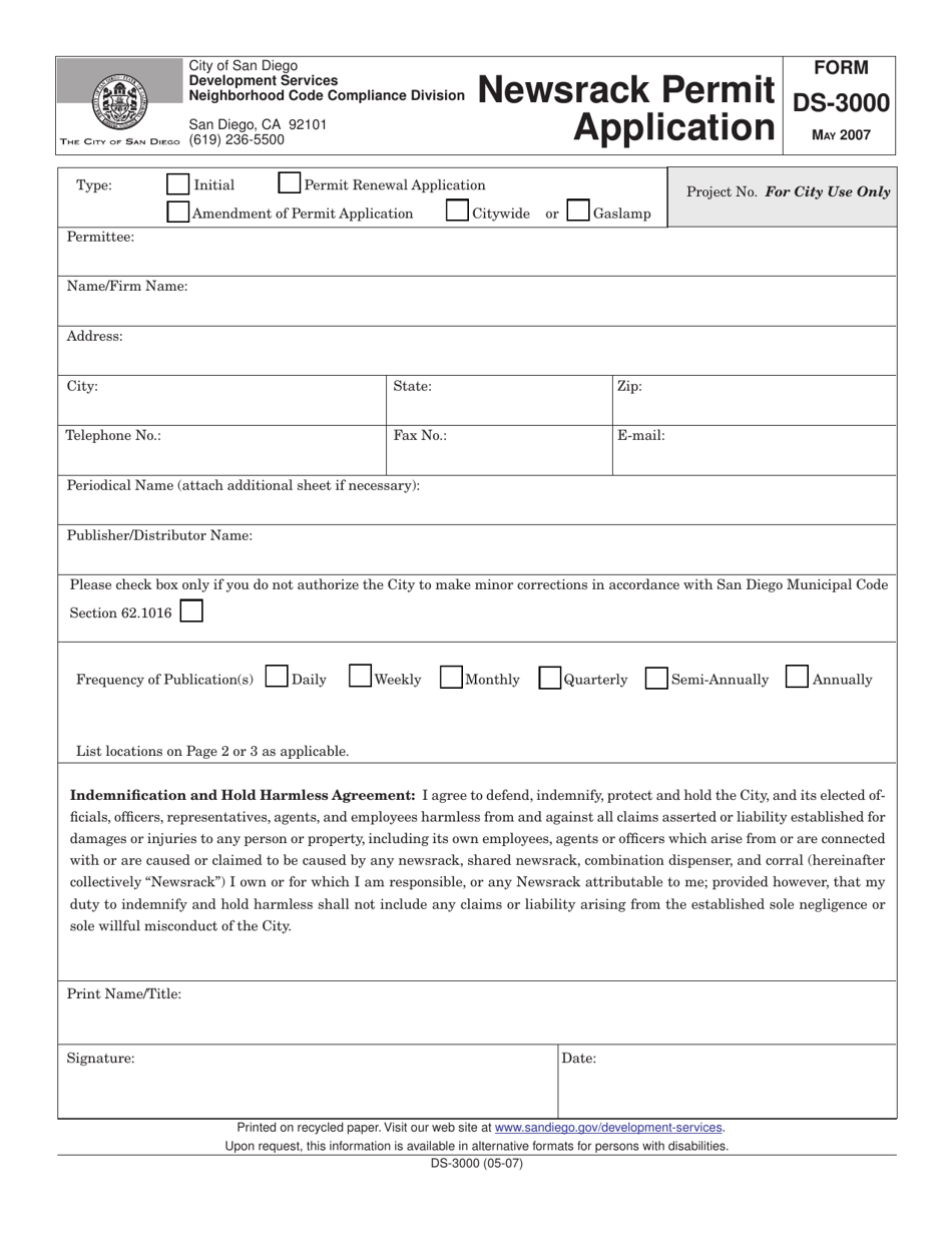 Form DS-3000 Newsrack Permit Application - City of San Diego, California, Page 1