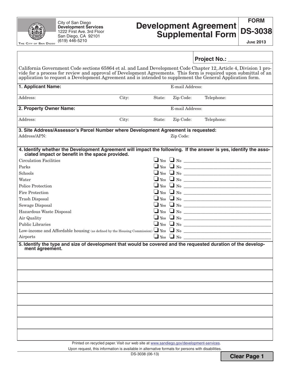 Form DS-3038 Development Agreement Supplemental Form - City of San Diego, California, Page 1
