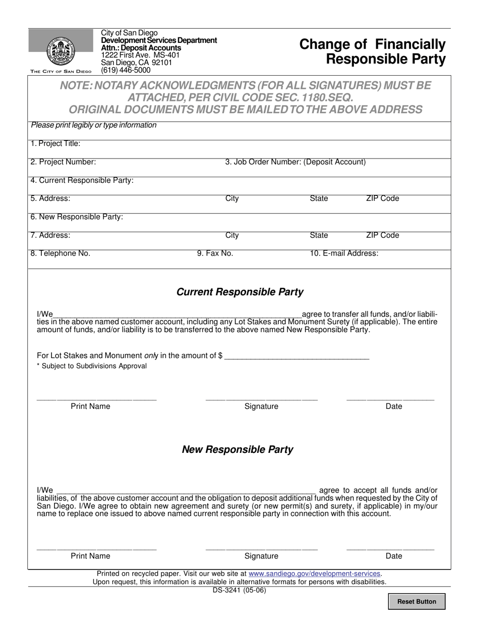 Form DC-3241 Change of Financially Responsible Party - City of San Diego, California, Page 1