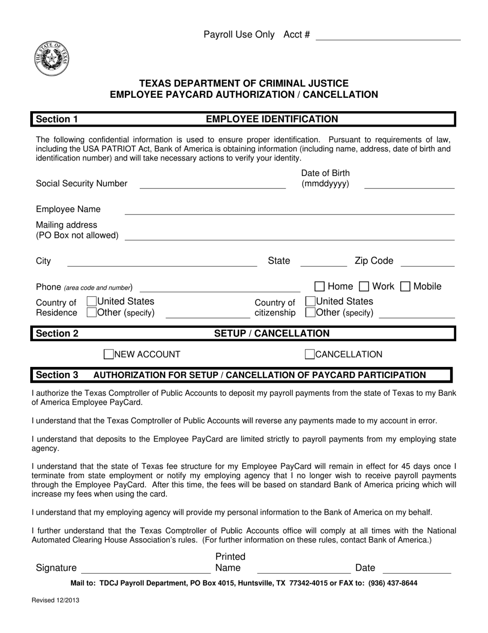 Employee Paycard Authorization / Cancellation - Texas, Page 1