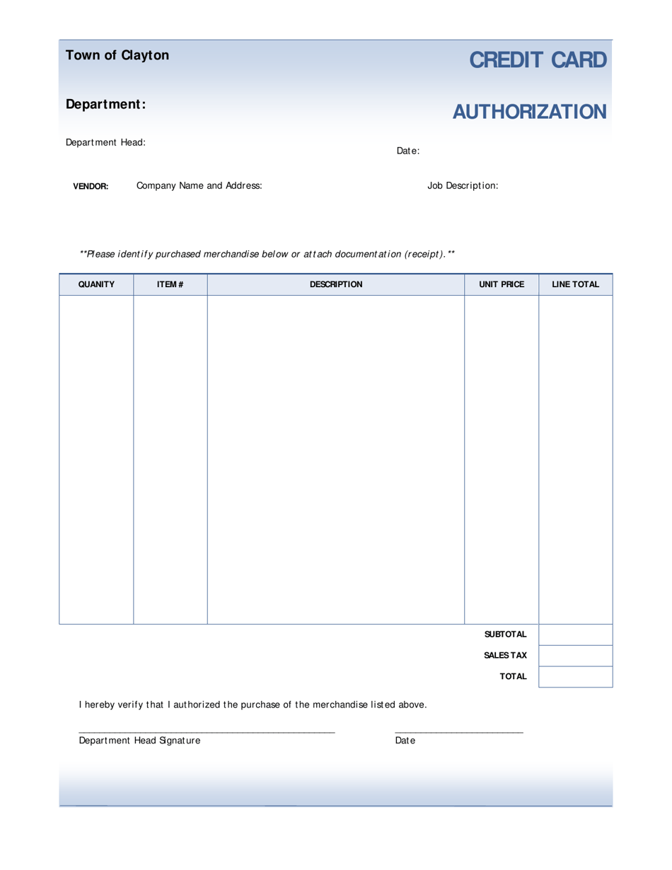 Credit Card Authorization Form - Town of Clayton, New York, Page 1