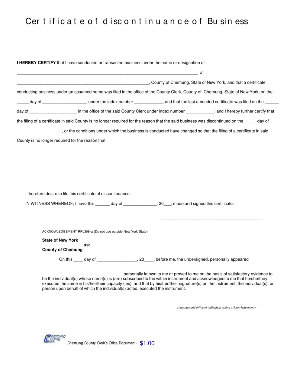 Chemung County, New York Certificate of Discontinuance of Business