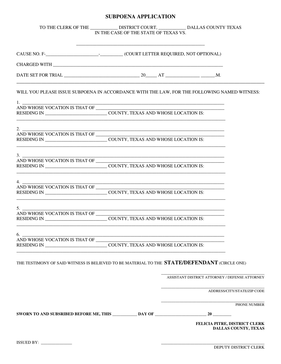 Subpoena Application - Dallas County, Texas, Page 1