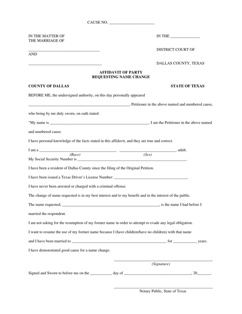 Affidavit of Party Requesting Name Change - Dallas County, Texas Download Pdf