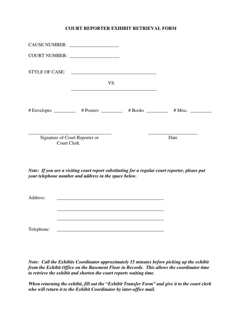 Dallas County Texas Court Reporter Exhibit Retrieval Form Fill Out