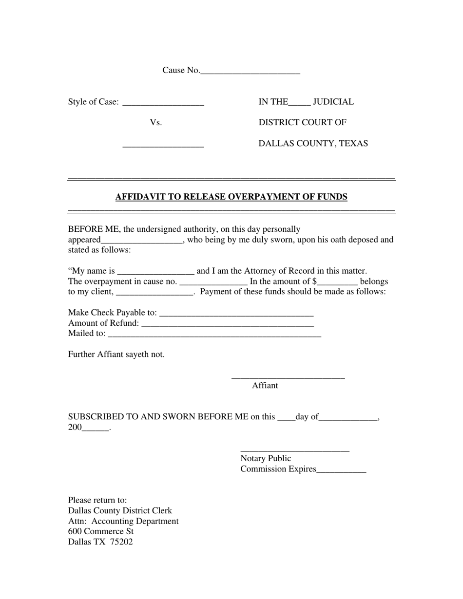 Affidavit to Release Overpayment of Funds - Dallas County, Texas, Page 1