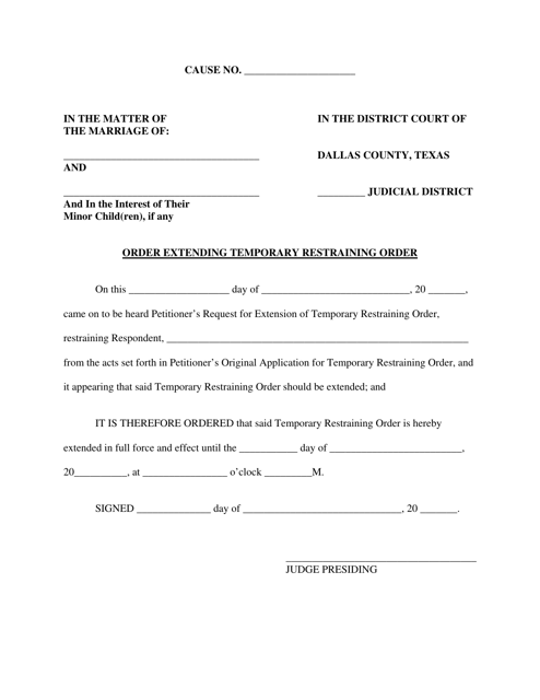 Order Extending Temporary Restraining Order - Dallas County, Texas Download Pdf