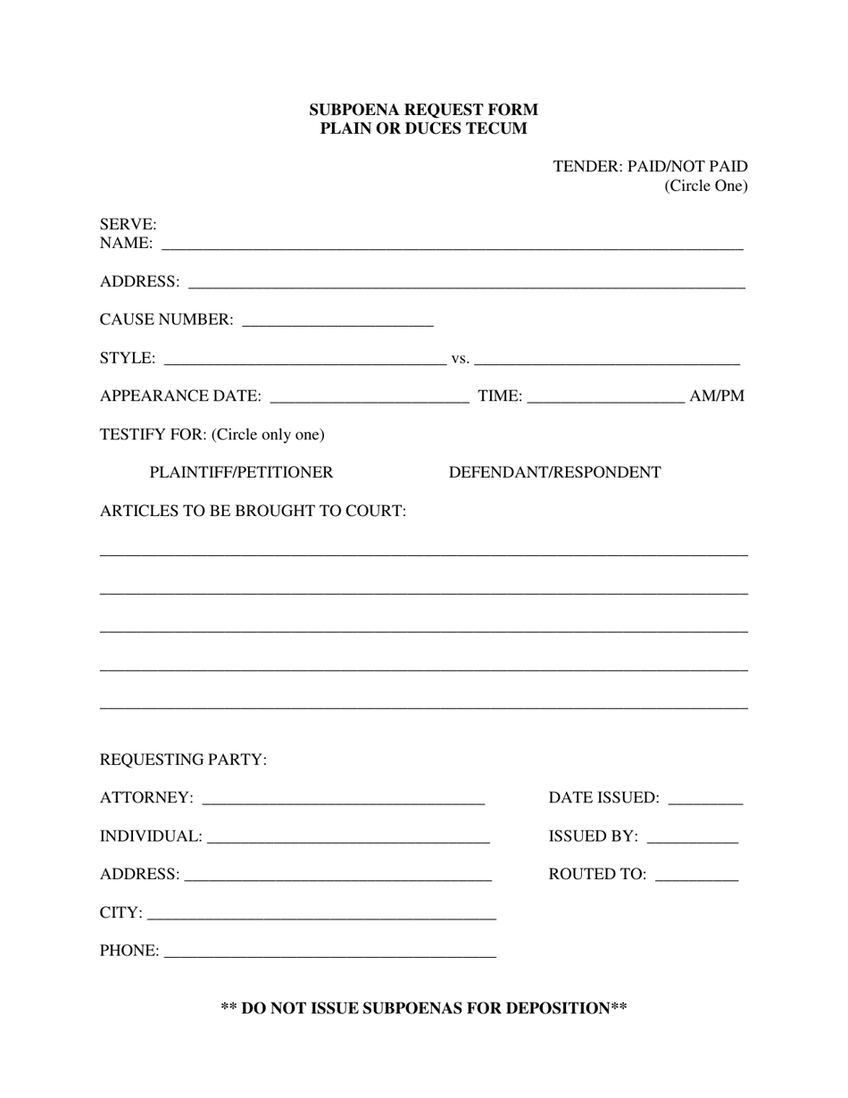 Subpoena Request Form - Dallas County, Texas, Page 1