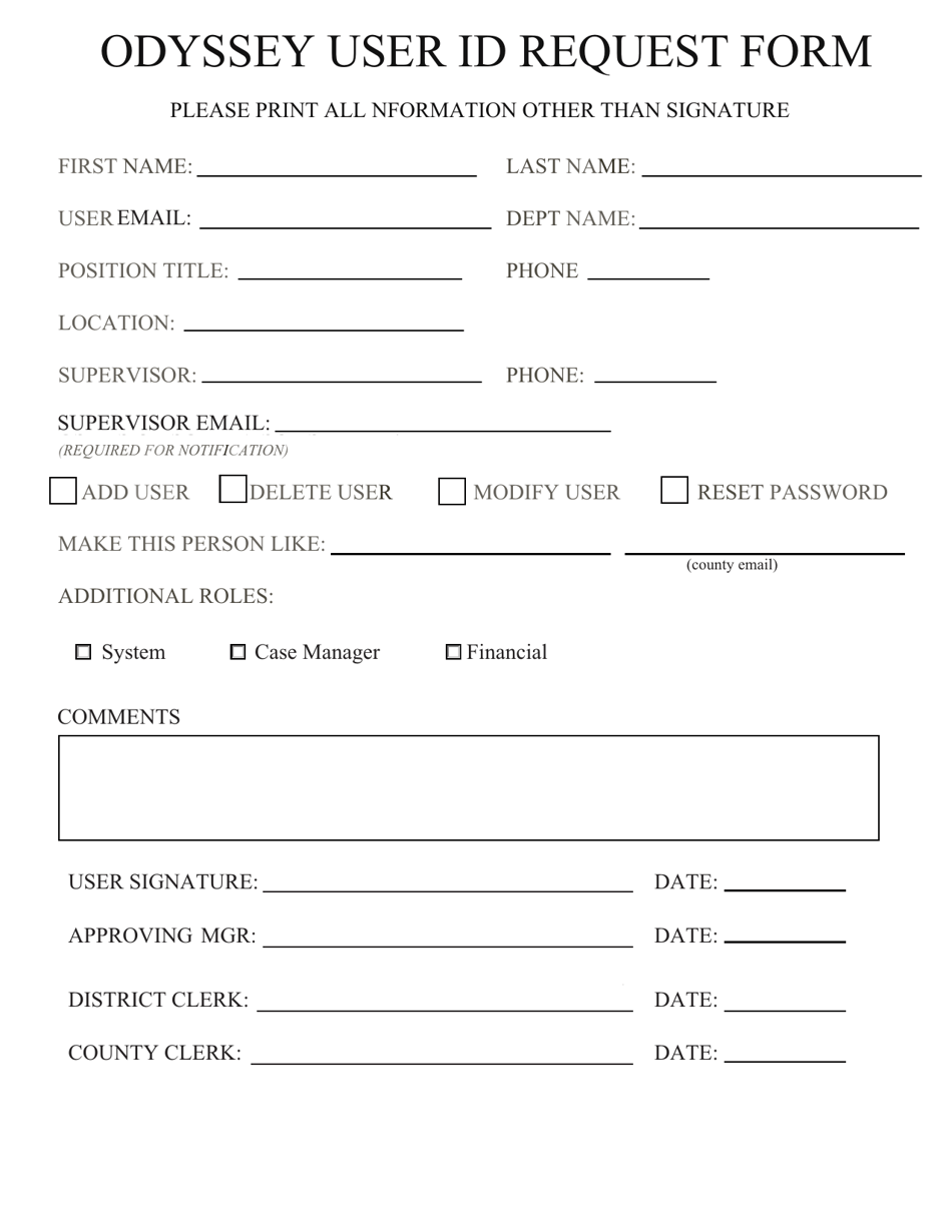 Odyssey User Id Request Form - Dallas County, Texas, Page 1