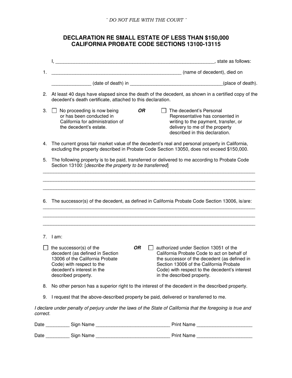 Declaration Re Small Estate of Less Than $150,000 - County of San Francisco, California, Page 1